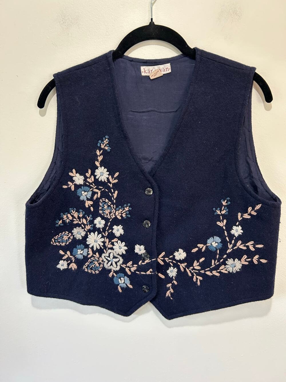 Karavan vintage embroidered vest womens S blue wool blend lined boho festival